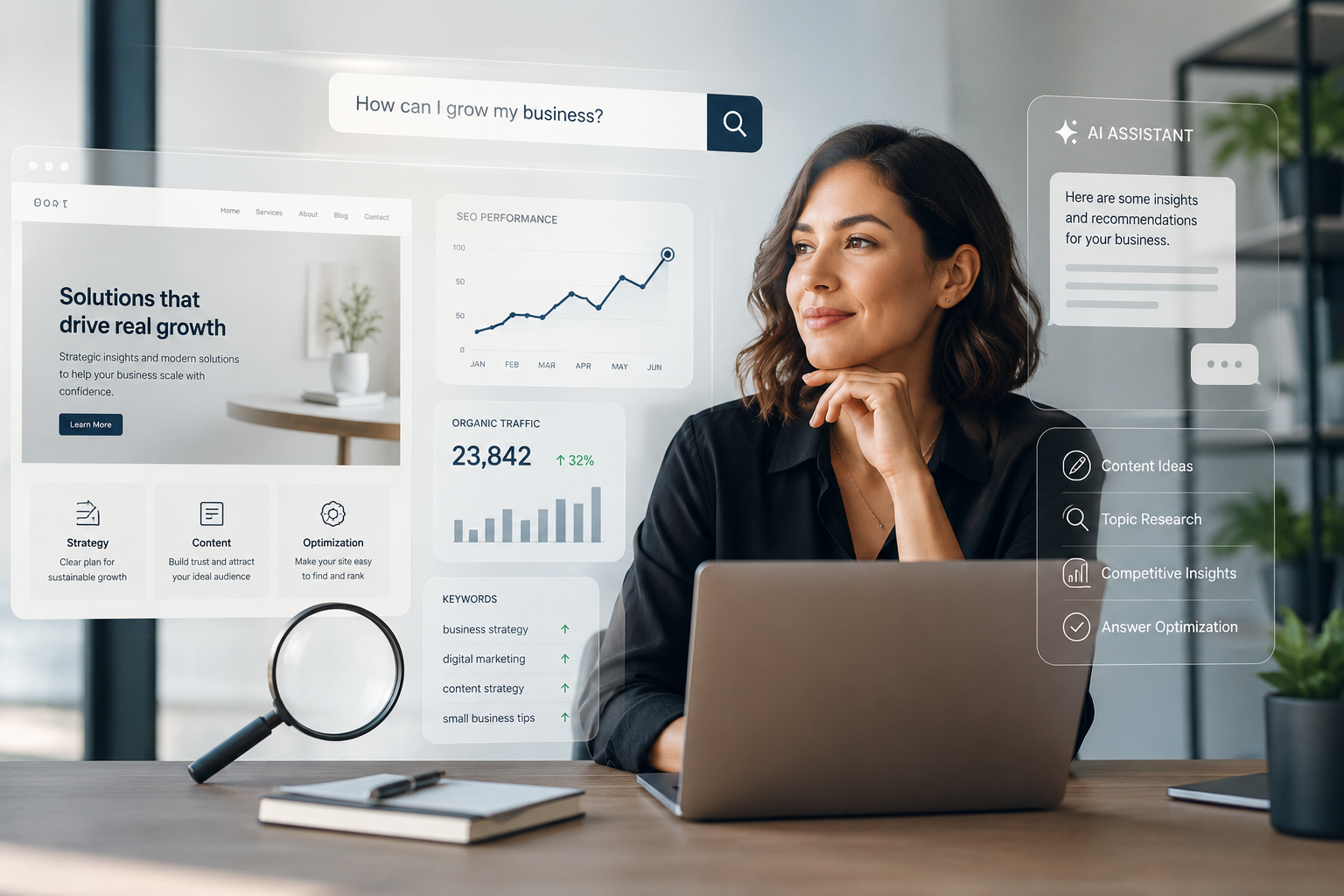 Empresária analisando estratégias de SEO, desempenho do site e ferramentas de inteligência artificial para aumentar a visibilidade da empresa no Google e nas respostas das IAs.