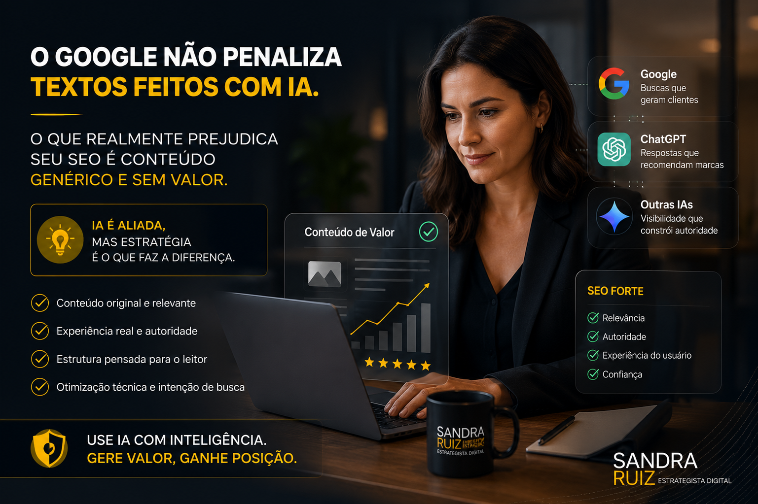 Empresária usando inteligência artificial para criar conteúdos relevantes e fortalecer o SEO no Google.