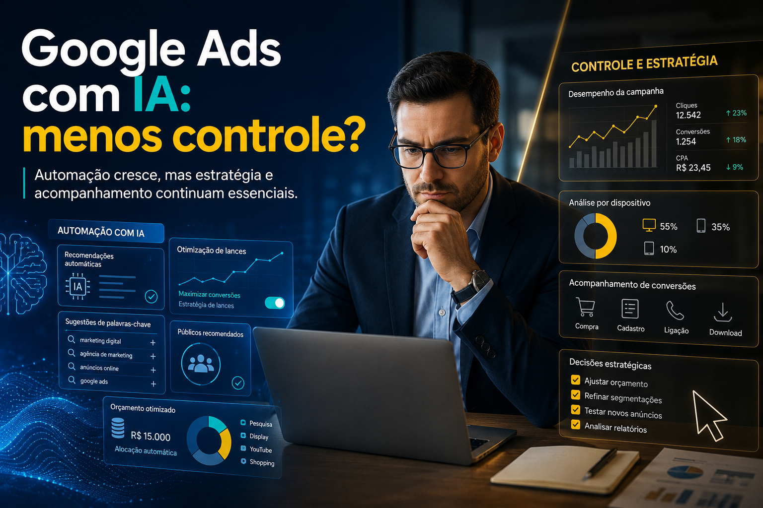 Empresário analisando campanhas de Google Ads com apoio de inteligência artificial, enquanto painéis mostram automação, métricas, públicos, palavras-chave e decisões estratégicas